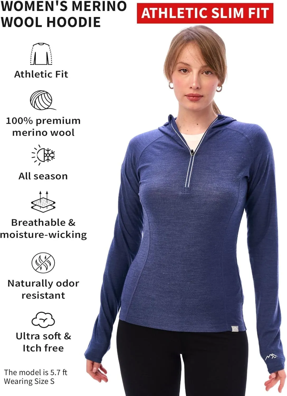 Merino.tech Merino Wool Hoodie Women - Slim Fit 100% Merino Wool Base Layer Women Half Zip Thermal Long Sleeve Shirt & Socks