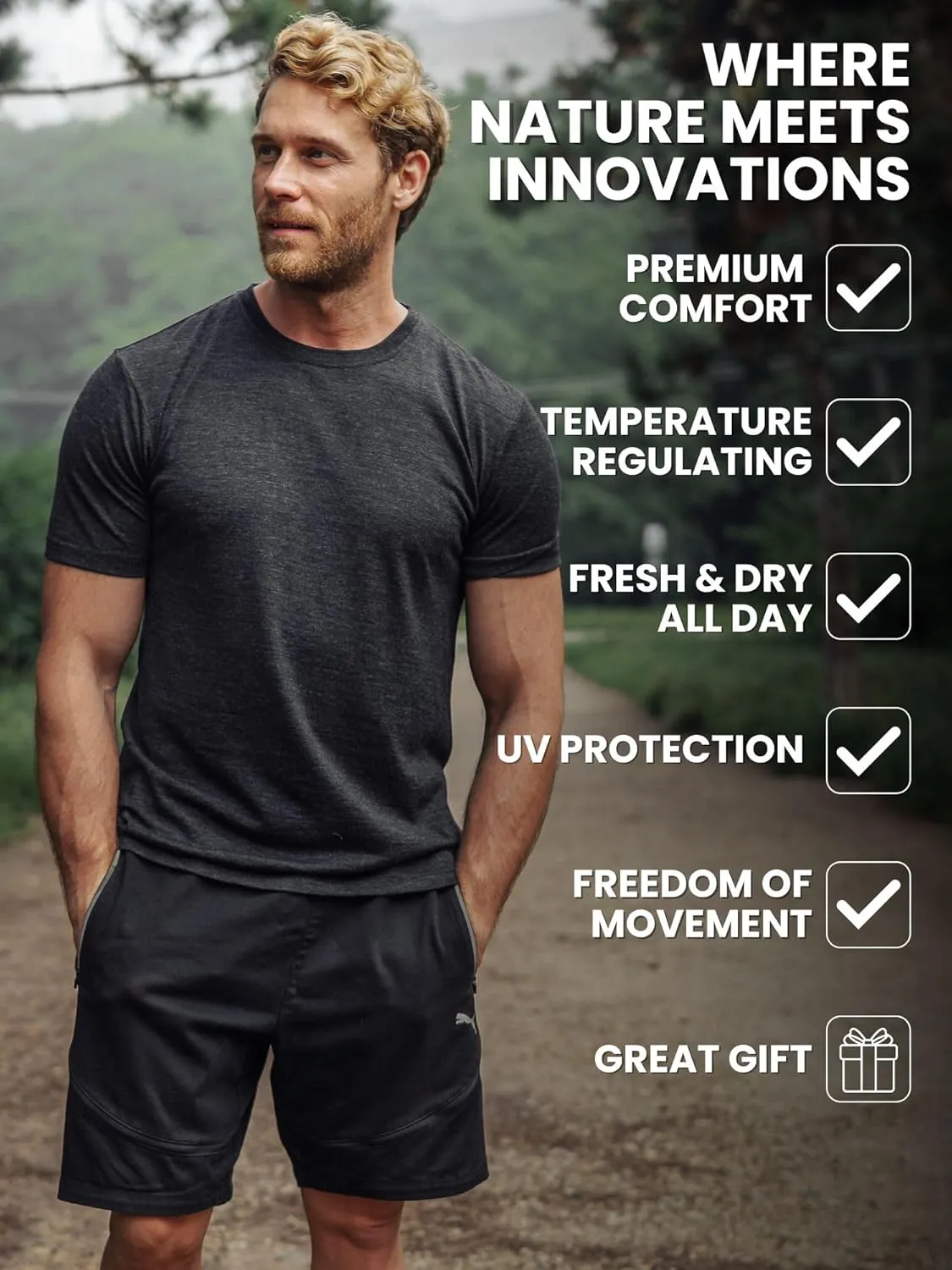 Merino.tech Merino Wool T-Shirt Mens - 100% Organic Merino Wool Undershirt Thermal Shirts for Men Base Layer and Hiking Socks