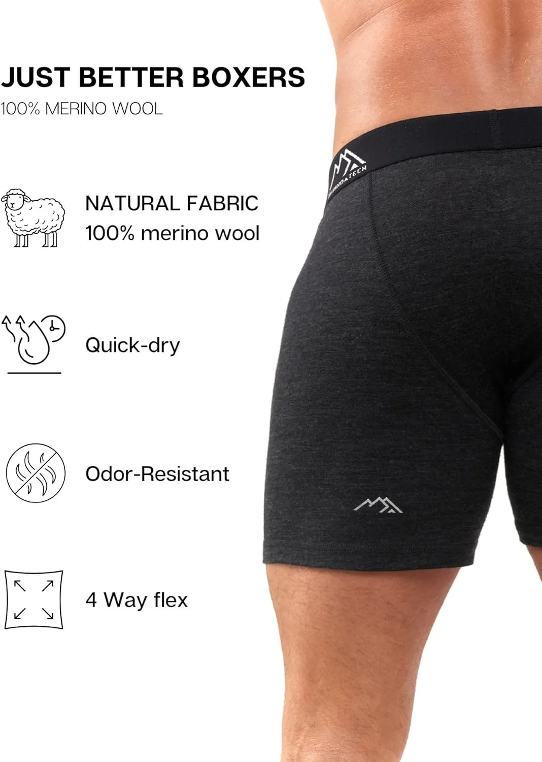 Merino.tech Merino Wool Underwear Mens - 100% Merino Wool Base Layer Boxer Briefs for Men