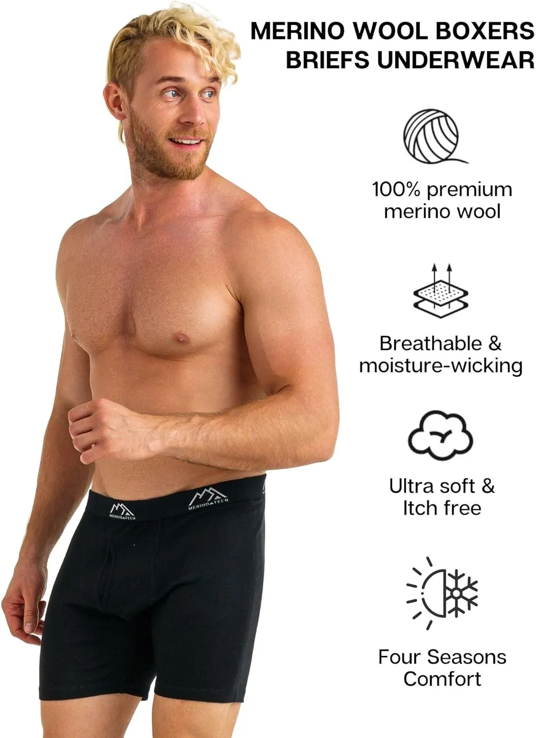 Merino.tech Merino Wool Underwear Mens - 100% Merino Wool Base Layer Boxer Briefs for Men