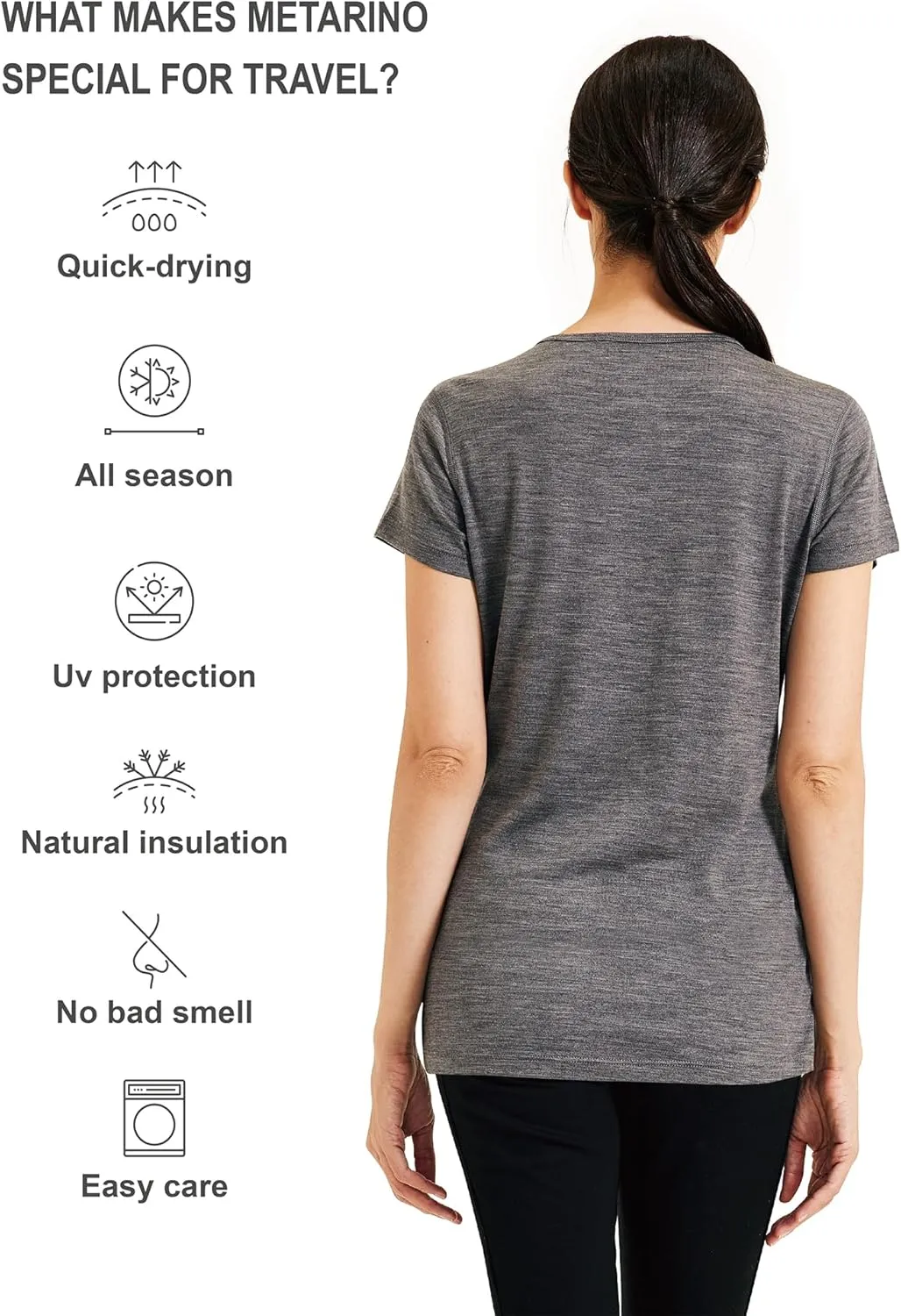 METARINO 100% Merino Wool T-Shirt Women,Short Sleeve Lightweight Crew Neck Base Layer Tee Shirt for Travel,Hiking