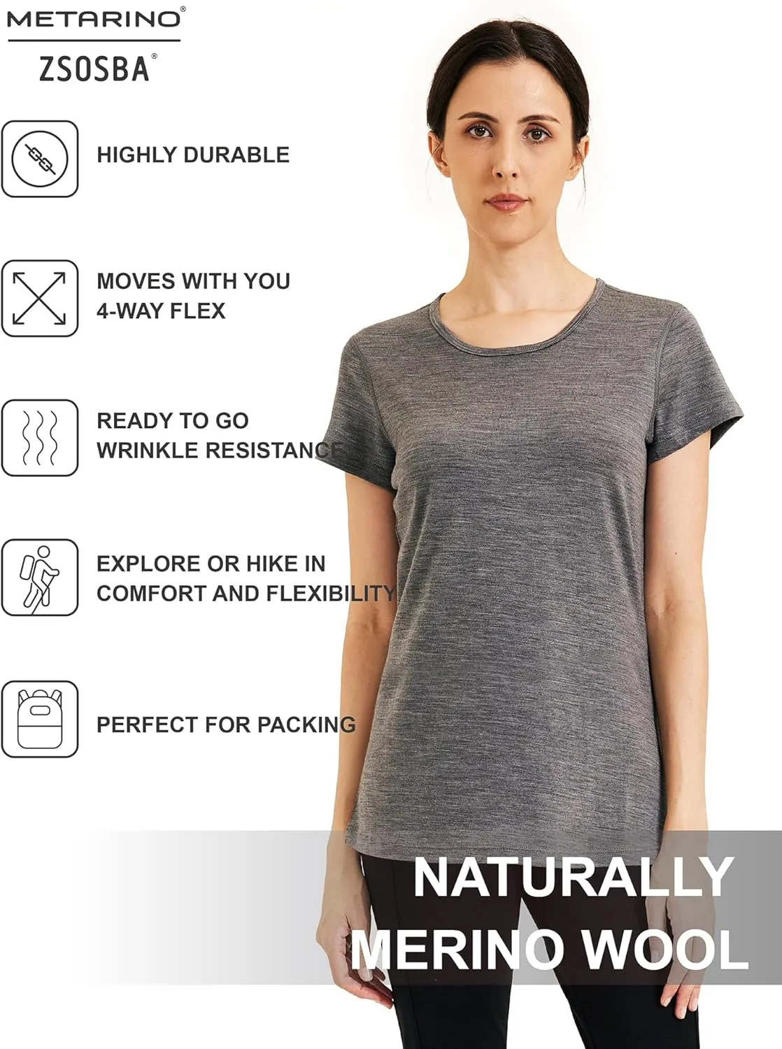 METARINO 100% Merino Wool T-Shirt Women,Short Sleeve Lightweight Crew Neck Base Layer Tee Shirt for Travel,Hiking