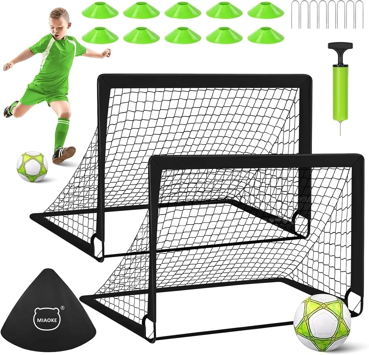 MIAOKE 2 Soccer Goal of 4X3 FT for Backyard, Portable Football Goal Training Equipment with Soccer Ball, 10 Football Cones, Carry Bag, Practice Net for Youth Games, Sports
