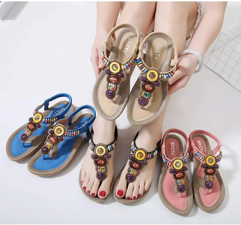 MIOKE Women's Bohemia Beaded Flat Sandals T-strap Summer Beach Elastic Slingback Flip Flops Thong Shoes