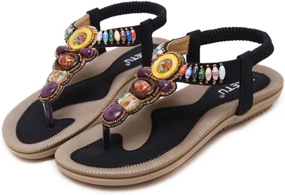MIOKE Women's Bohemia Beaded Flat Sandals T-strap Summer Beach Elastic Slingback Flip Flops Thong Shoes