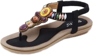 MIOKE Women's Bohemia Beaded Flat Sandals T-strap Summer Beach Elastic Slingback Flip Flops Thong Shoes