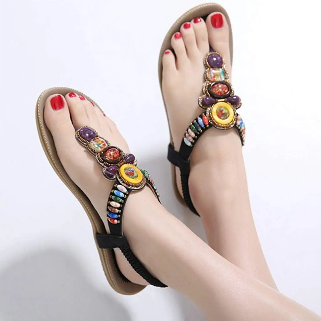 MIOKE Women's Bohemia Beaded Flat Sandals T-strap Summer Beach Elastic Slingback Flip Flops Thong Shoes