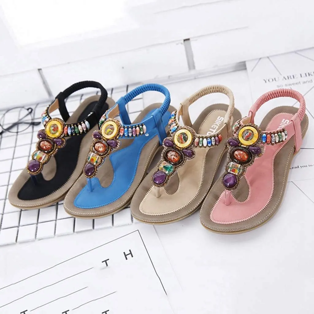 MIOKE Women's Bohemia Beaded Flat Sandals T-strap Summer Beach Elastic Slingback Flip Flops Thong Shoes