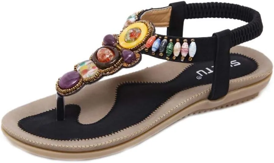 MIOKE Women's Bohemia Beaded Flat Sandals T-strap Summer Beach Elastic Slingback Flip Flops Thong Shoes