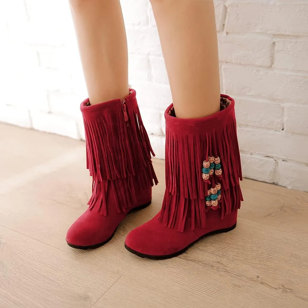 MIOKE Women's Suede Tassel Flat Ankle Boots Round Toe Slip On Low Heel Winter Wide Fringed Short Booties