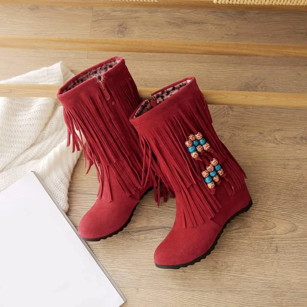 MIOKE Women's Suede Tassel Flat Ankle Boots Round Toe Slip On Low Heel Winter Wide Fringed Short Booties