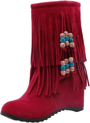 MIOKE Women's Suede Tassel Flat Ankle Boots Round Toe Slip On Low Heel Winter Wide Fringed Short Booties