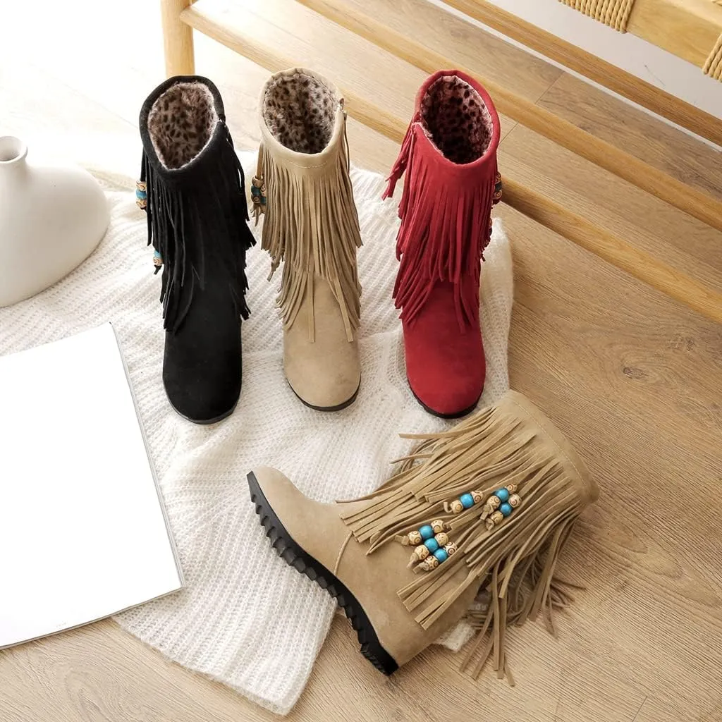 MIOKE Women's Suede Tassel Flat Ankle Boots Round Toe Slip On Low Heel Winter Wide Fringed Short Booties