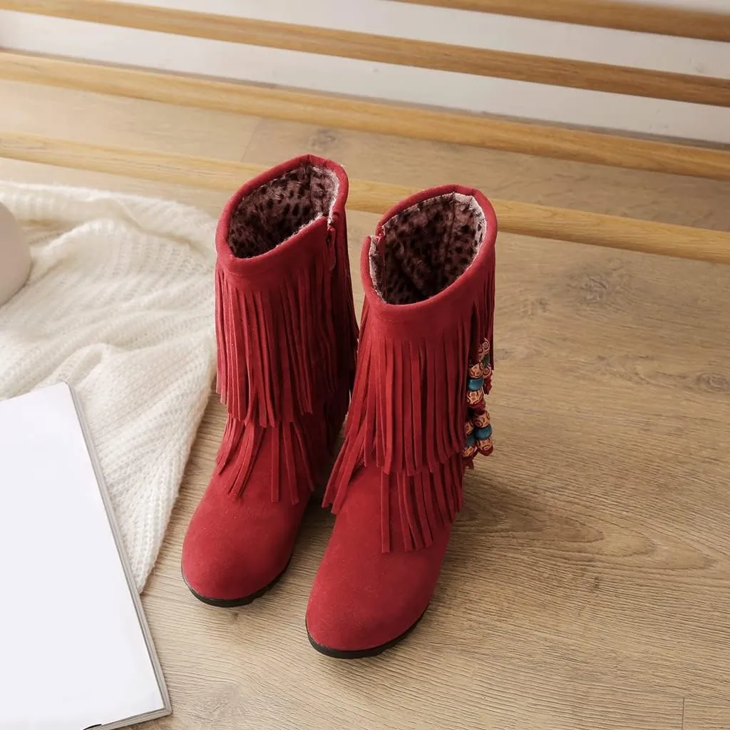 MIOKE Women's Suede Tassel Flat Ankle Boots Round Toe Slip On Low Heel Winter Wide Fringed Short Booties
