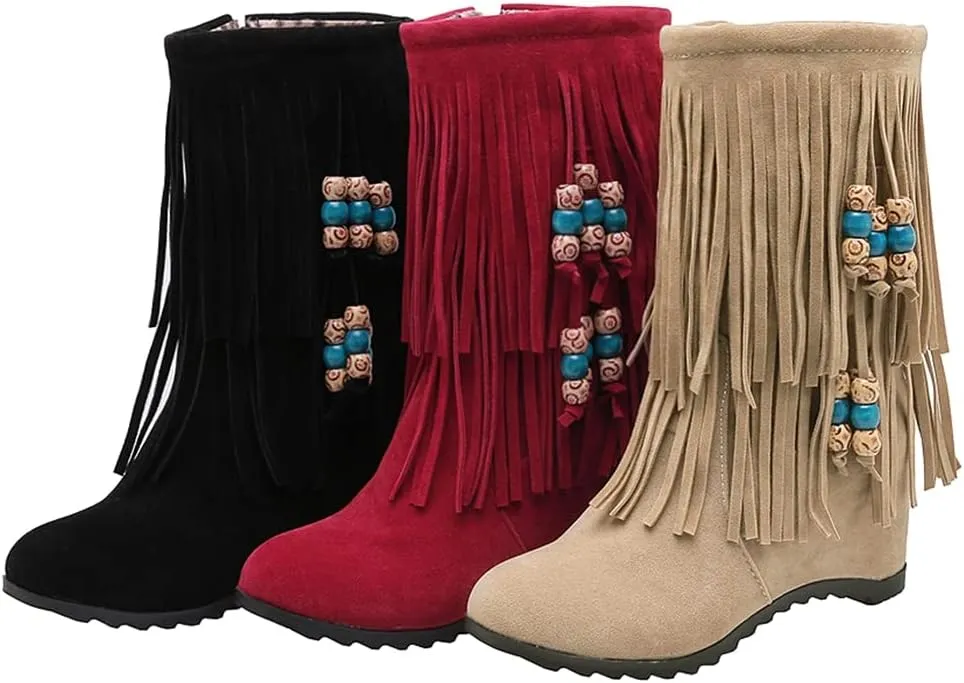 MIOKE Women's Suede Tassel Flat Ankle Boots Round Toe Slip On Low Heel Winter Wide Fringed Short Booties