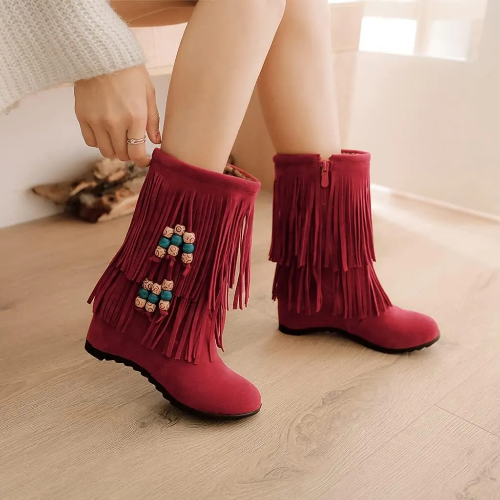 MIOKE Women's Suede Tassel Flat Ankle Boots Round Toe Slip On Low Heel Winter Wide Fringed Short Booties