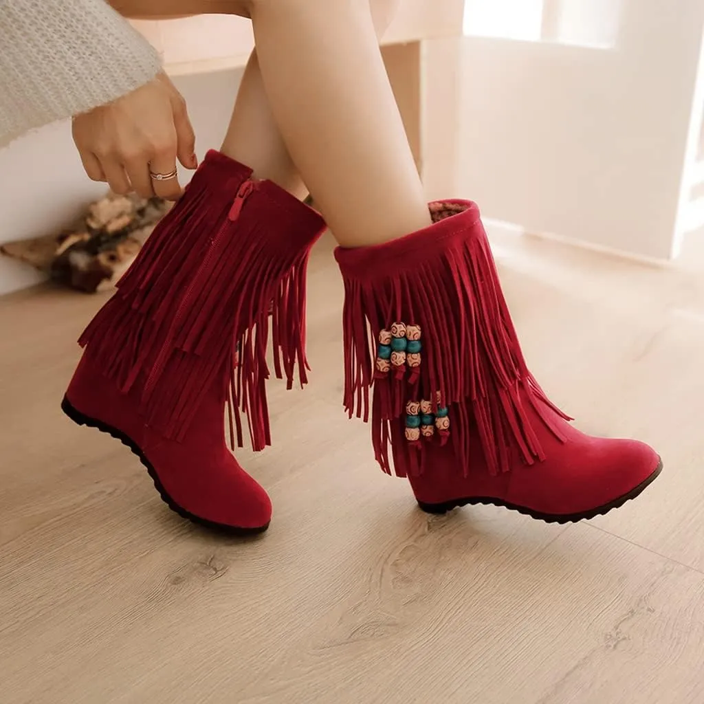 MIOKE Women's Suede Tassel Flat Ankle Boots Round Toe Slip On Low Heel Winter Wide Fringed Short Booties