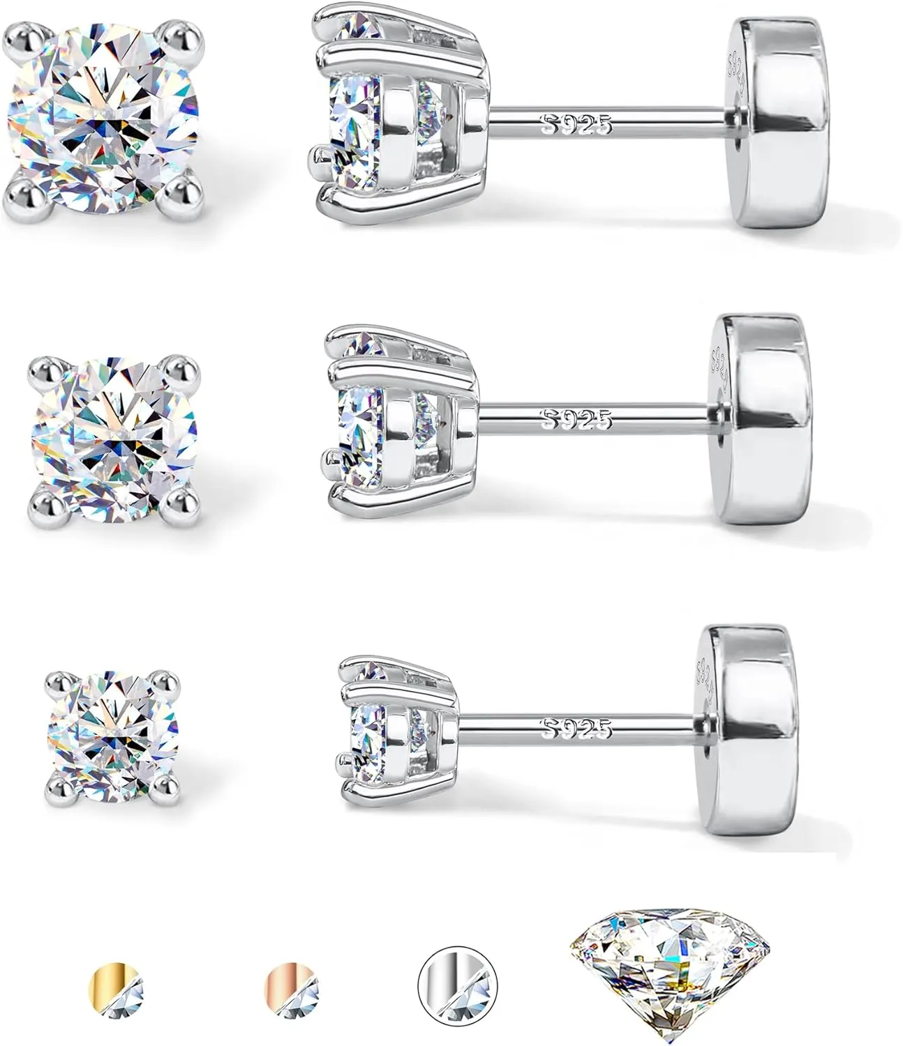 Moissanite Earrings Studs Hypoallergenic 14K Gold Plated Flat Back Earring Sterling Silver Earrings for Women Men - 3 Pairs Earring Set Cartilage Helix Piercing Jewelry D Color VVS1 1.8CT