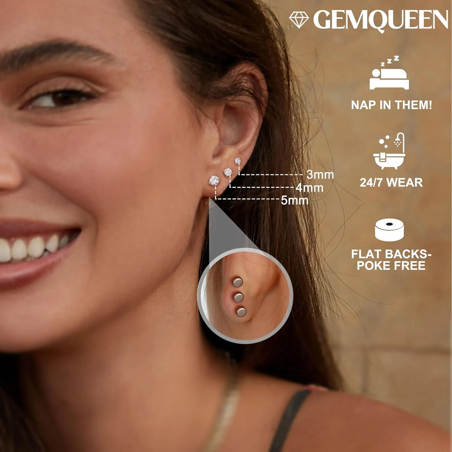 Moissanite Earrings Studs Hypoallergenic 14K Gold Plated Flat Back Earring Sterling Silver Earrings for Women Men - 3 Pairs Earring Set Cartilage Helix Piercing Jewelry D Color VVS1 1.8CT