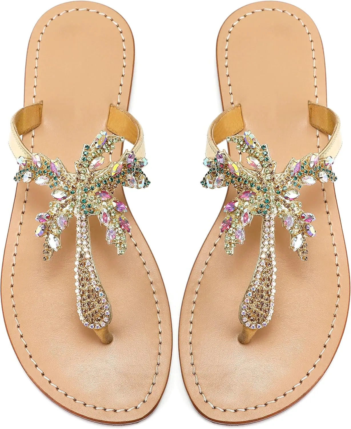 Monrovia Women's Rhinestone Jeweled Flat Beach Wedding Summer Sandals Gold Rhinestone Jeweled Sandals for Women Bling Jelly Flat Sparkly Sandals Dress Dressy Flip Flops
