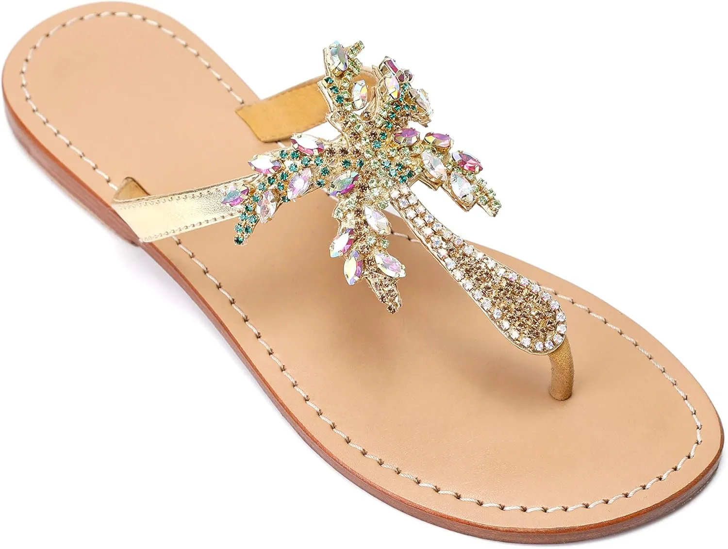 Monrovia Women's Rhinestone Jeweled Flat Beach Wedding Summer Sandals Gold Rhinestone Jeweled Sandals for Women Bling Jelly Flat Sparkly Sandals Dress Dressy Flip Flops