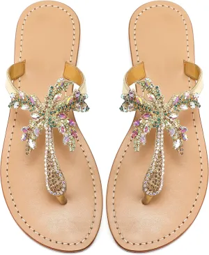 Monrovia Women's Rhinestone Jeweled Flat Beach Wedding Summer Sandals Gold Rhinestone Jeweled Sandals for Women Bling Jelly Flat Sparkly Sandals Dress Dressy Flip Flops
