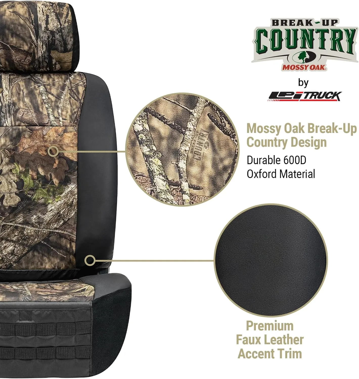 Mossy Oak Break-up Country Heavy Duty Seat Covers for Front Seats; Fits Full-Size Trucks or SUVs; Includes Front and Rear Storage Pockets, Built-in Molle Style Organizer; Semi-Custom Fit; 2pcs