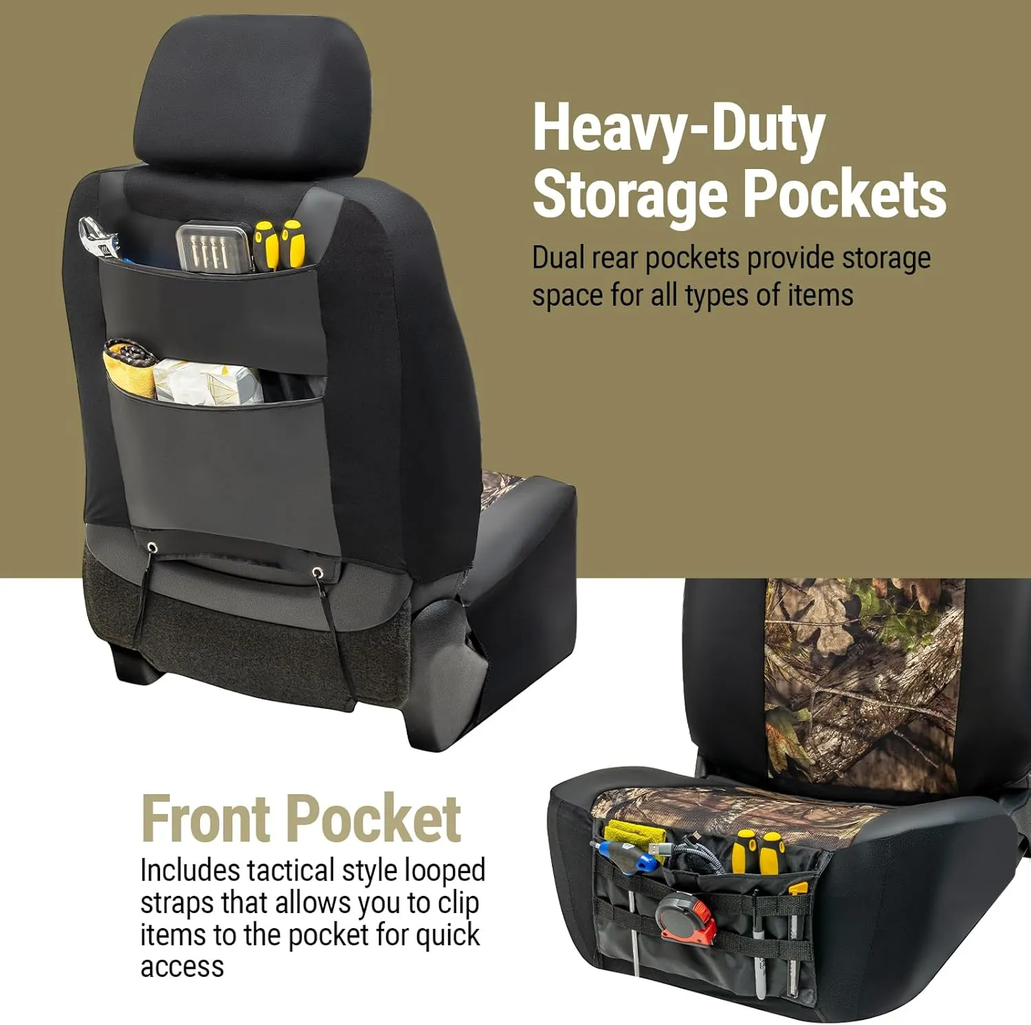 Mossy Oak Break-up Country Heavy Duty Seat Covers for Front Seats; Fits Full-Size Trucks or SUVs; Includes Front and Rear Storage Pockets, Built-in Molle Style Organizer; Semi-Custom Fit; 2pcs