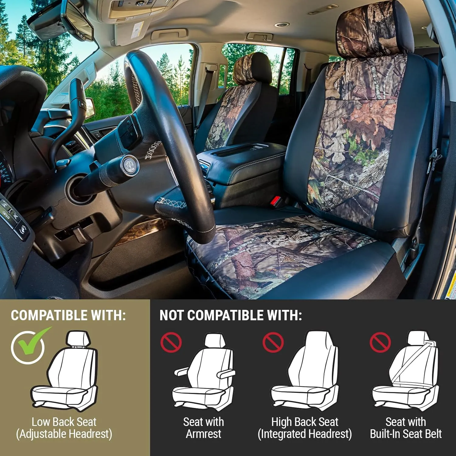 Mossy Oak Break-up Country Heavy Duty Seat Covers for Front Seats; Fits Full-Size Trucks or SUVs; Includes Front and Rear Storage Pockets, Built-in Molle Style Organizer; Semi-Custom Fit; 2pcs