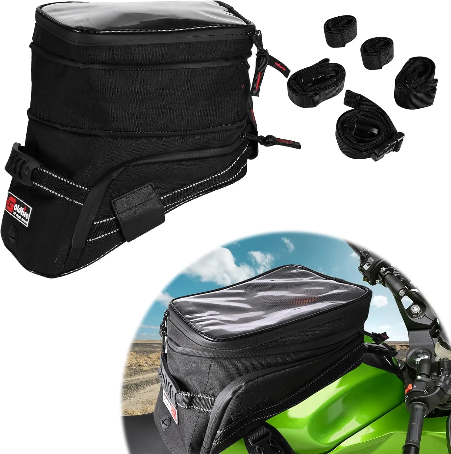 Motorcycle Tank Bag, 1680D Oxford Water Resistant Gas Oil Fuel Tank Bag Touch Screen Phone Pouch Universal For Harley Yamaha Suzuki Kawasaki with Fastening Straps Non-slip Pad (Black)