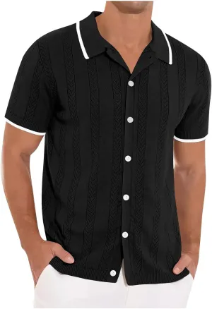 Muscularfit Vacation Shirts for Men Button Down Short Sleeve Casual Summer Beach T-Shirt Big and Tall Solid Collar Tee Tops