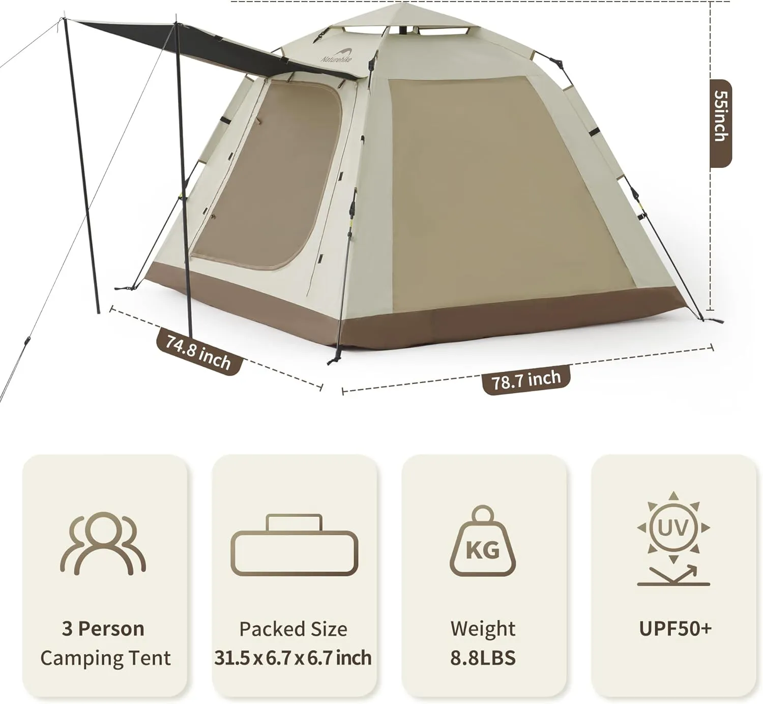 Naturehike Ango Camping Tent,3 Person 4 Person Instant Cabin Tent,Easy Setup Pop up Tents for Camping,3-4 People Family Camp Tent