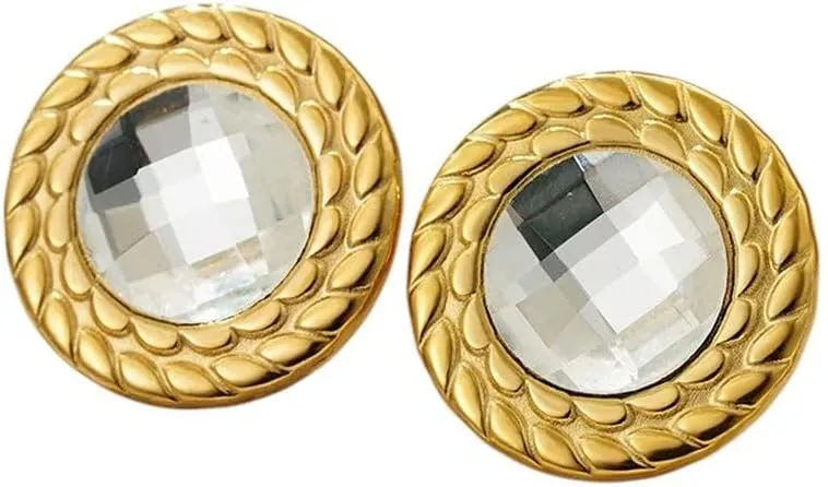 New 2026 Unisex Stainless Steel Textured Flat Round Stud Earrings For Women Gold Plated Rhinestone Sun Shape Ear Studs Waterproof Trend Jewelry Fashion Trendy Accessories Creative Gift And Men