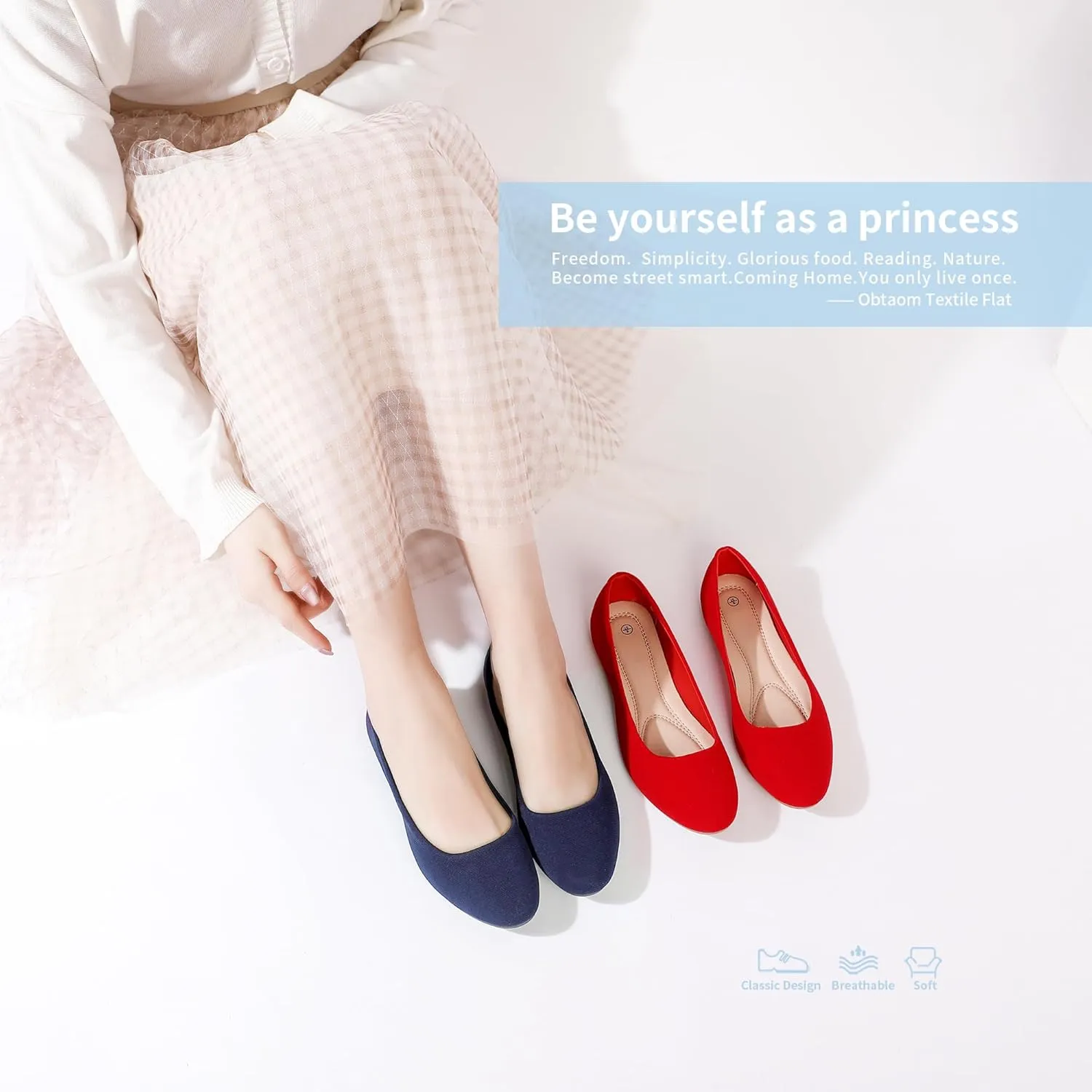 Obtaom Round Toe Women Flat Shoes Slip on Girls Dress Black Ballet Flats