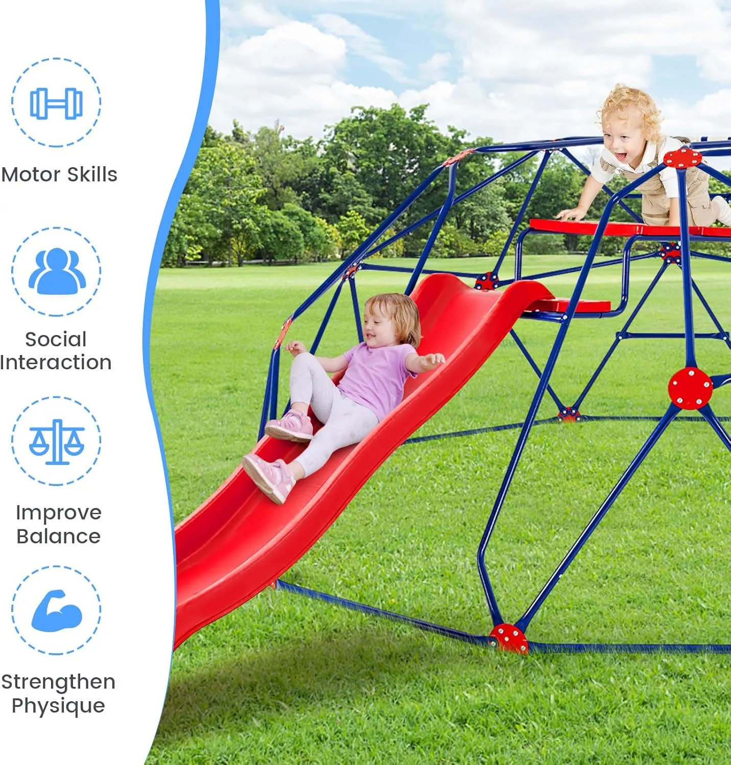Olakids Climbing Dome with Slide, Kids Outdoor Jungle Gym Geometric Dome Climber, Steel Frame, 13.3FT Climb Structure Backyard Playground Center Equipment for Toddlers