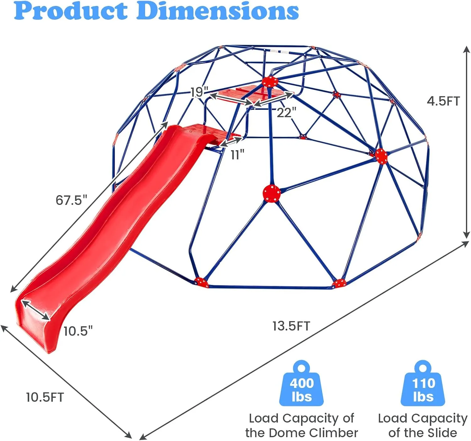 Olakids Climbing Dome with Slide, Kids Outdoor Jungle Gym Geometric Dome Climber, Steel Frame, 13.3FT Climb Structure Backyard Playground Center Equipment for Toddlers