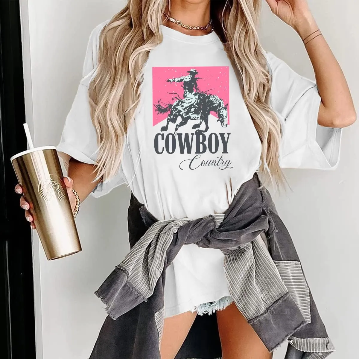 Oversized Western Graphic Shirt Women: Cowboys Country Music Shirt Casual Rodeo Howdy Tee Top
