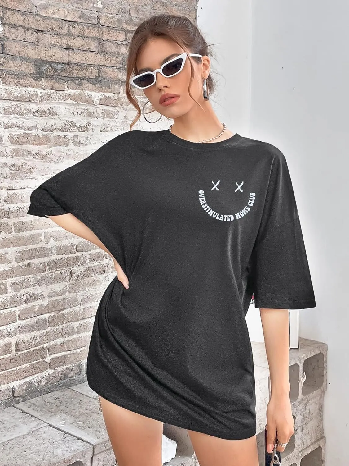 Overstimulated Moms Club Shirt Oversized Mama Shirts Funny Mom Life Graphic Tees Casual Short Sleeve Trendy Tops