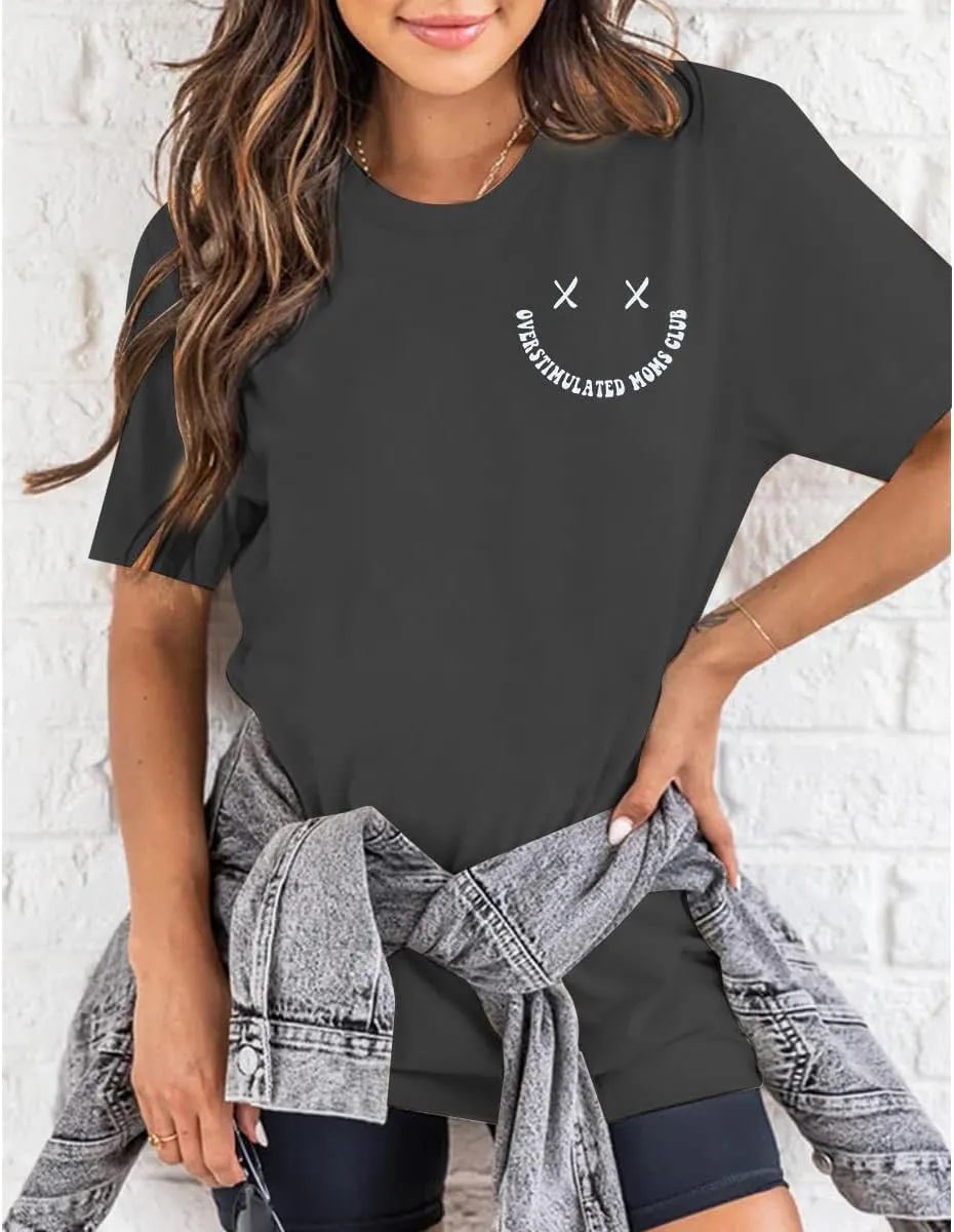 Overstimulated Moms Club Shirt Oversized Mama Shirts Funny Mom Life Graphic Tees Casual Short Sleeve Trendy Tops