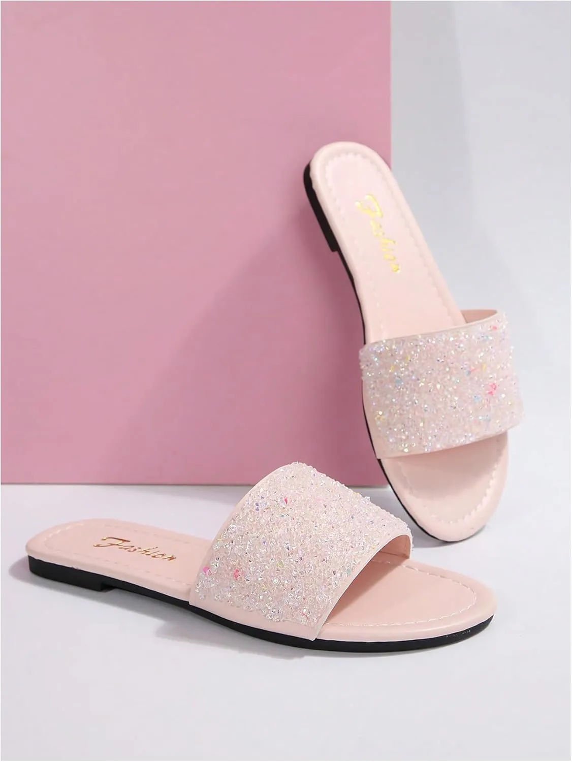 OYOANGLE Women's Leather Rhinestone Single Strap Sandals Glitter Open Toe Flat Slip On Slides
