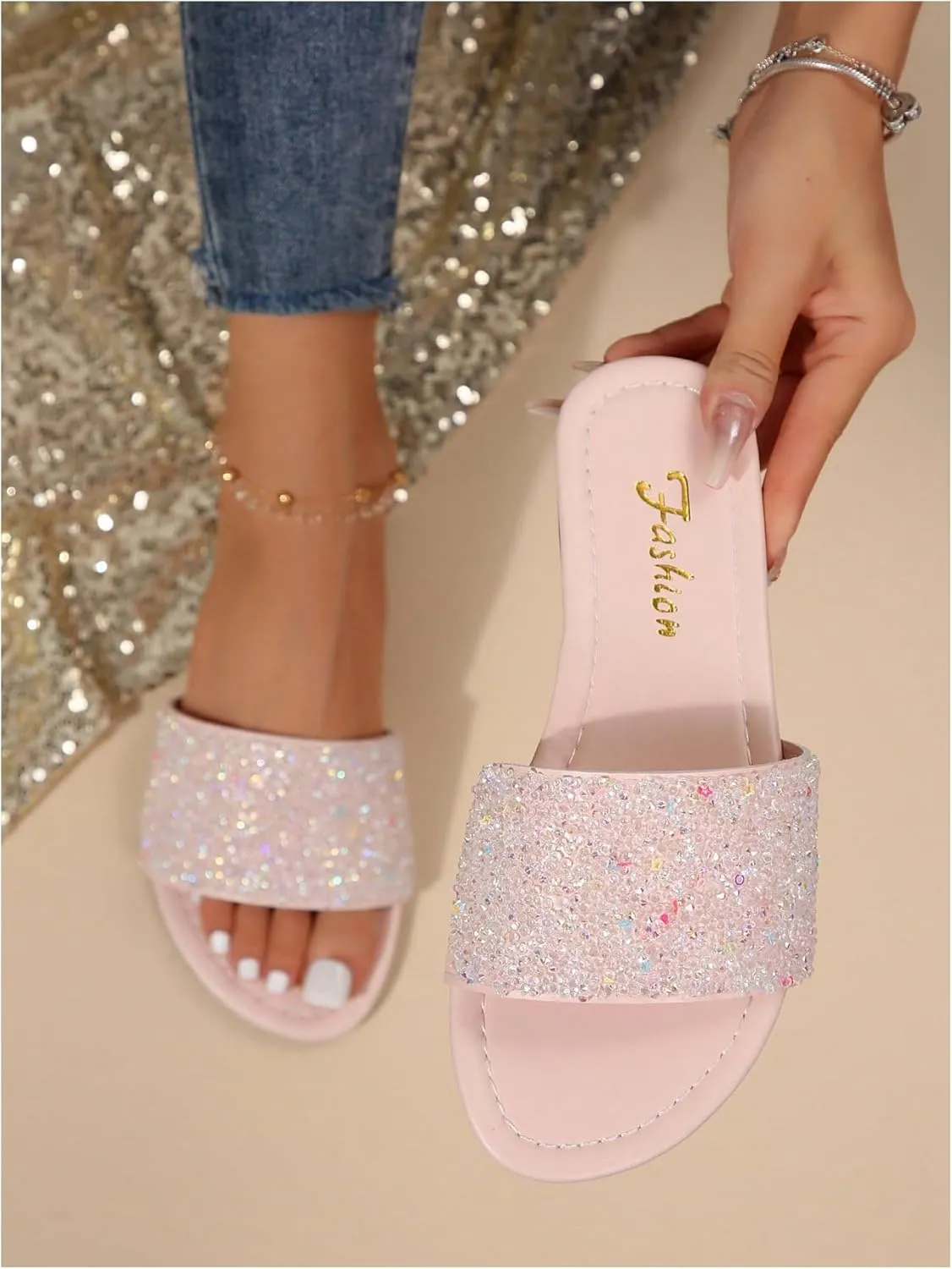 OYOANGLE Women's Leather Rhinestone Single Strap Sandals Glitter Open Toe Flat Slip On Slides