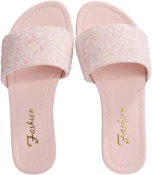OYOANGLE Women's Leather Rhinestone Single Strap Sandals Glitter Open Toe Flat Slip On Slides