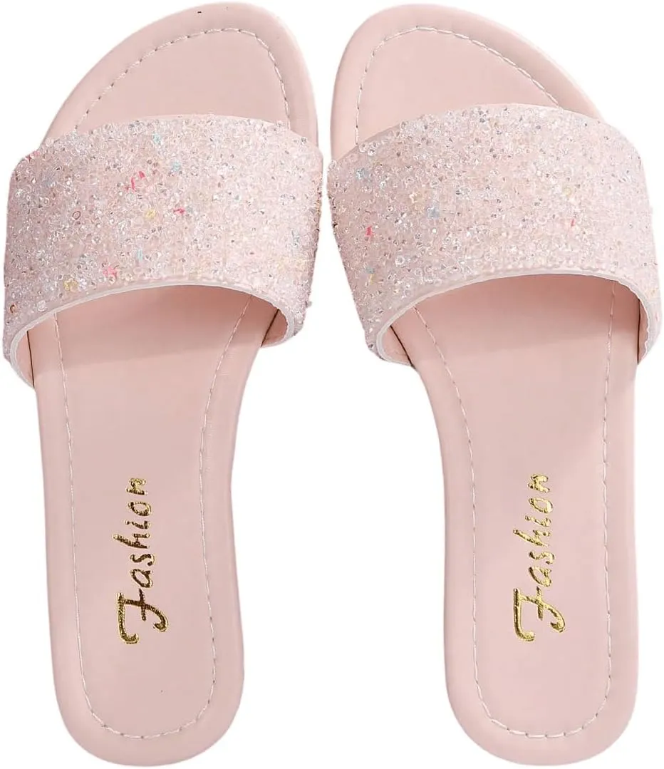 OYOANGLE Women's Leather Rhinestone Single Strap Sandals Glitter Open Toe Flat Slip On Slides