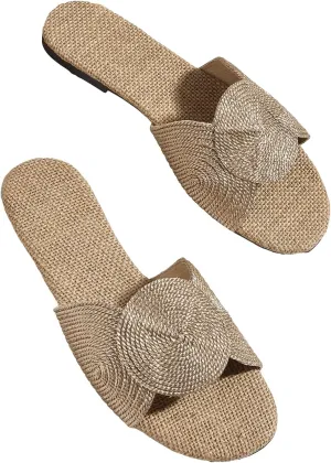 OYOANGLE Women's Round Decor Open Toe Flat Sandals Solid Casual Summer Outdoor Boho Beach Slides