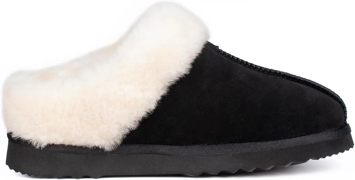 Parfeying Women's Slip on House Slippers, Real Wool from Sheep, Anti-slip Rubber Sole Warm Indoor Outdoor Slippers for Women