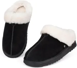 Parfeying Women's Slip on House Slippers, Real Wool from Sheep, Anti-slip Rubber Sole Warm Indoor Outdoor Slippers for Women