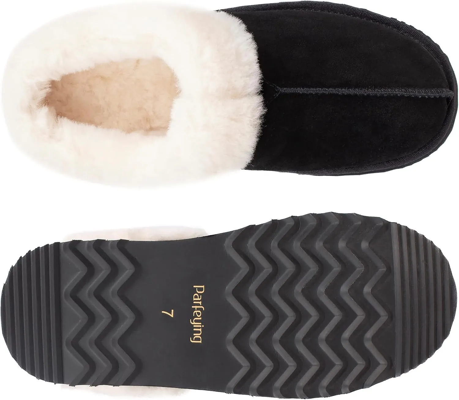 Parfeying Women's Slip on House Slippers, Real Wool from Sheep, Anti-slip Rubber Sole Warm Indoor Outdoor Slippers for Women