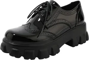 Parisuit Womens Lace Up Wingtip Chunky Oxford Shoes Patent Leather Platform Brogue Pumps