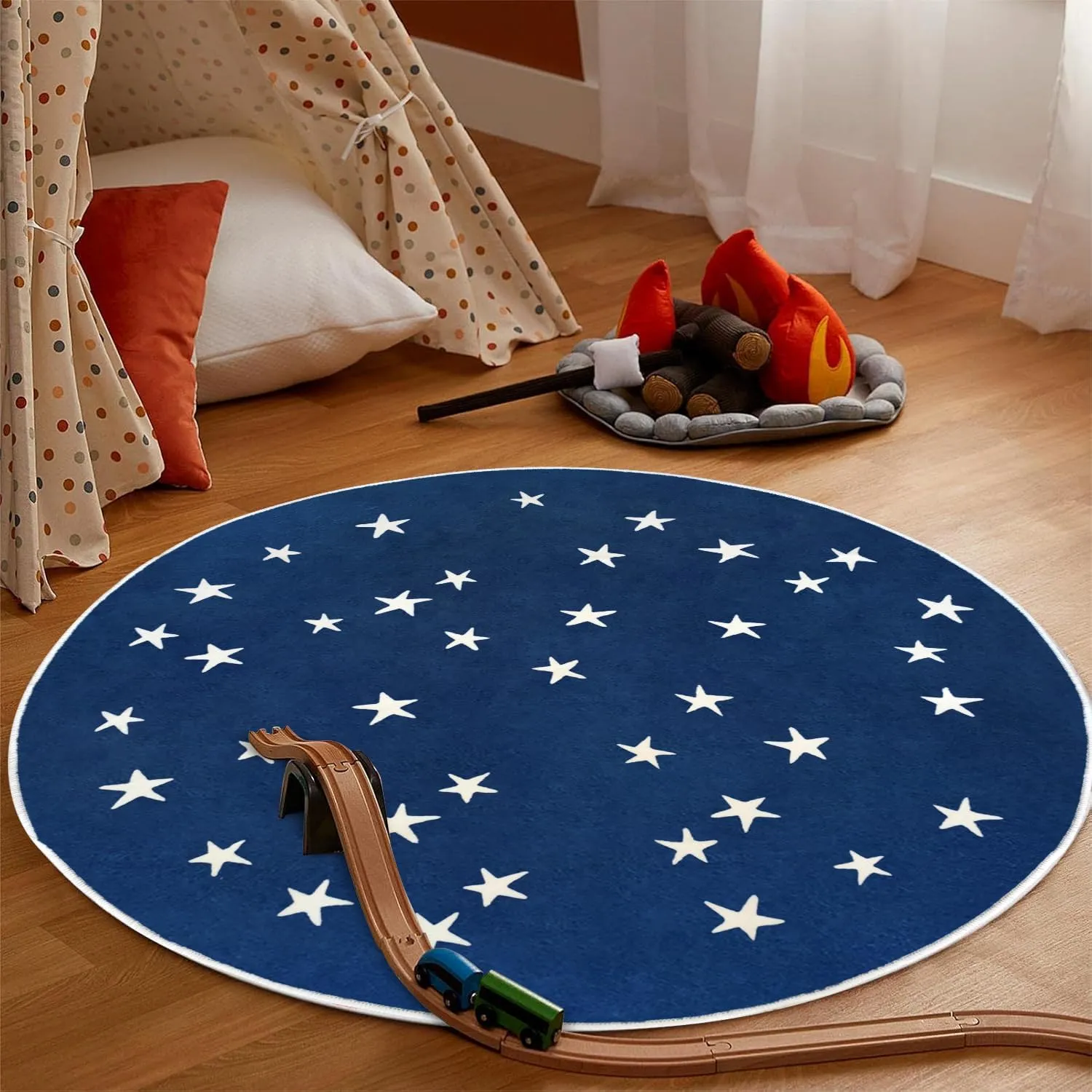 Poowe Stars Round Rug Starry Sky Stars Area Rug Soft Durable Washable for Nursery Playroom Classroom，Kids Area Rug, Large Non-Slip Baby Crawling Floor Mat,Navy Blue-Round 4FT