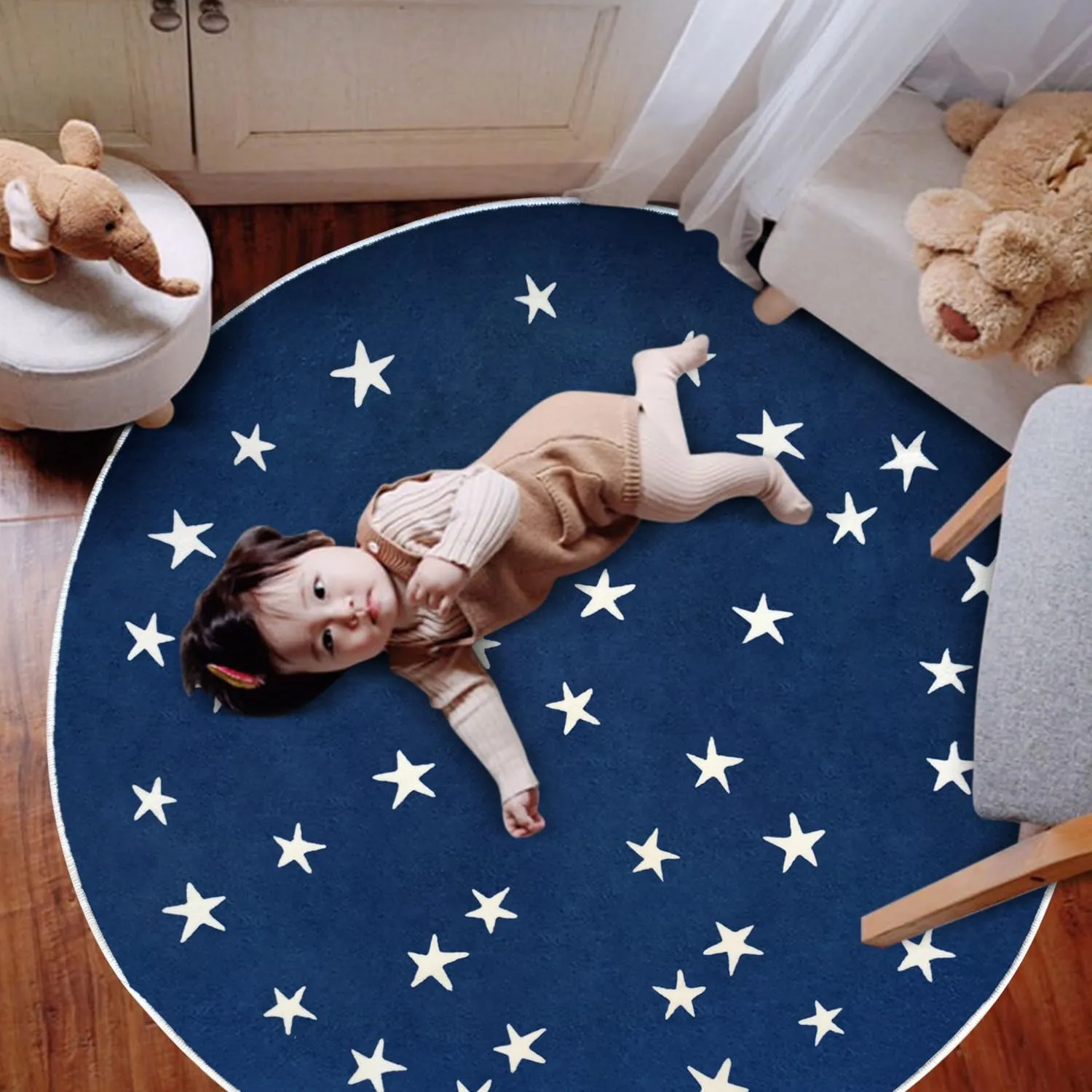 Poowe Stars Round Rug Starry Sky Stars Area Rug Soft Durable Washable for Nursery Playroom Classroom，Kids Area Rug, Large Non-Slip Baby Crawling Floor Mat,Navy Blue-Round 4FT